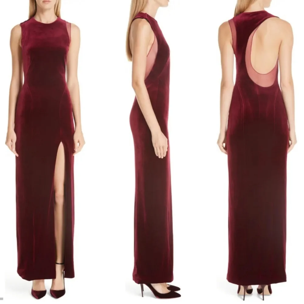 Galvan London Crescent Sheer Panel Thigh Split Velvet Wine Evening Gown Size 10 - Picture 11 of 17